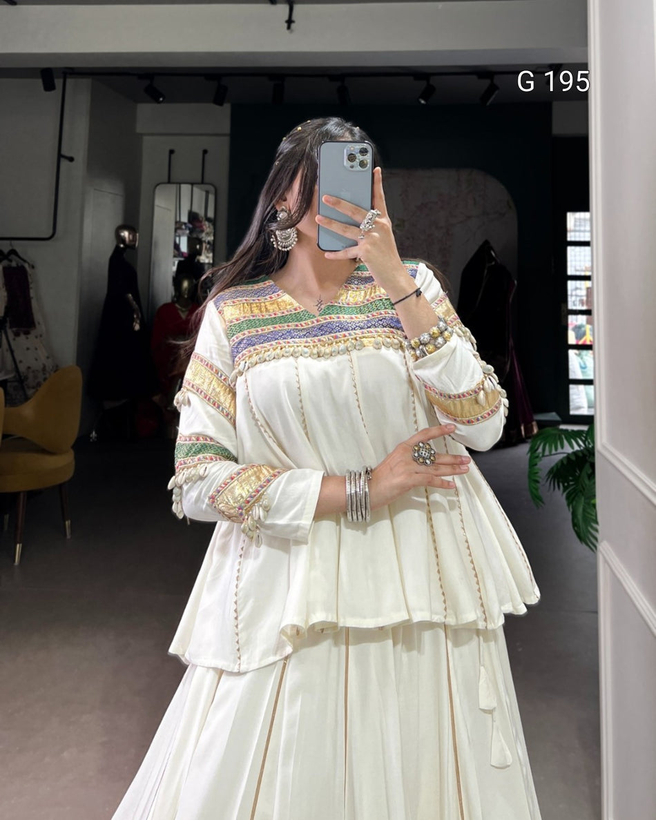 White Pure Rayon Lehenga with Multi Patch Work & Gota Patti Lace – G 195 White