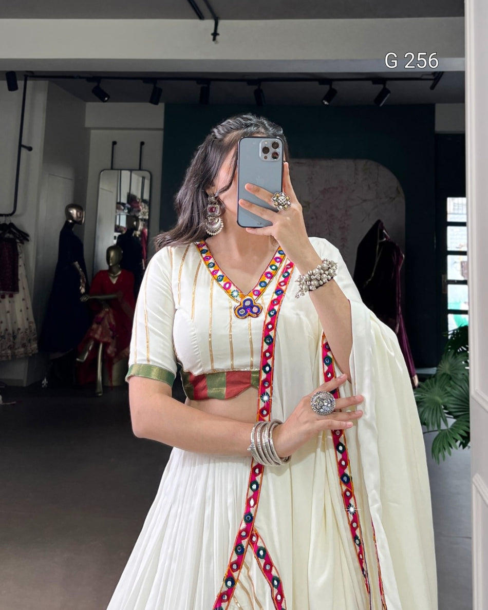 Sequins & Thread Embroidery Gold Crush Lehenga with Lace Border – G 256 White