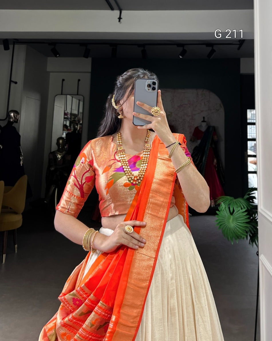 Zari Weaving Vichitra Silk Lehenga with Lace Border – G 211 White