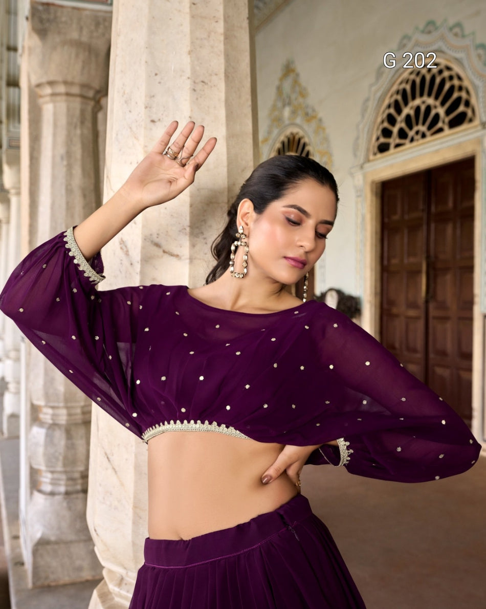 Wine Georgette Lehenga with Sequins and Thread Embroidery Work, Sequins Butties Top – G 202 Wine