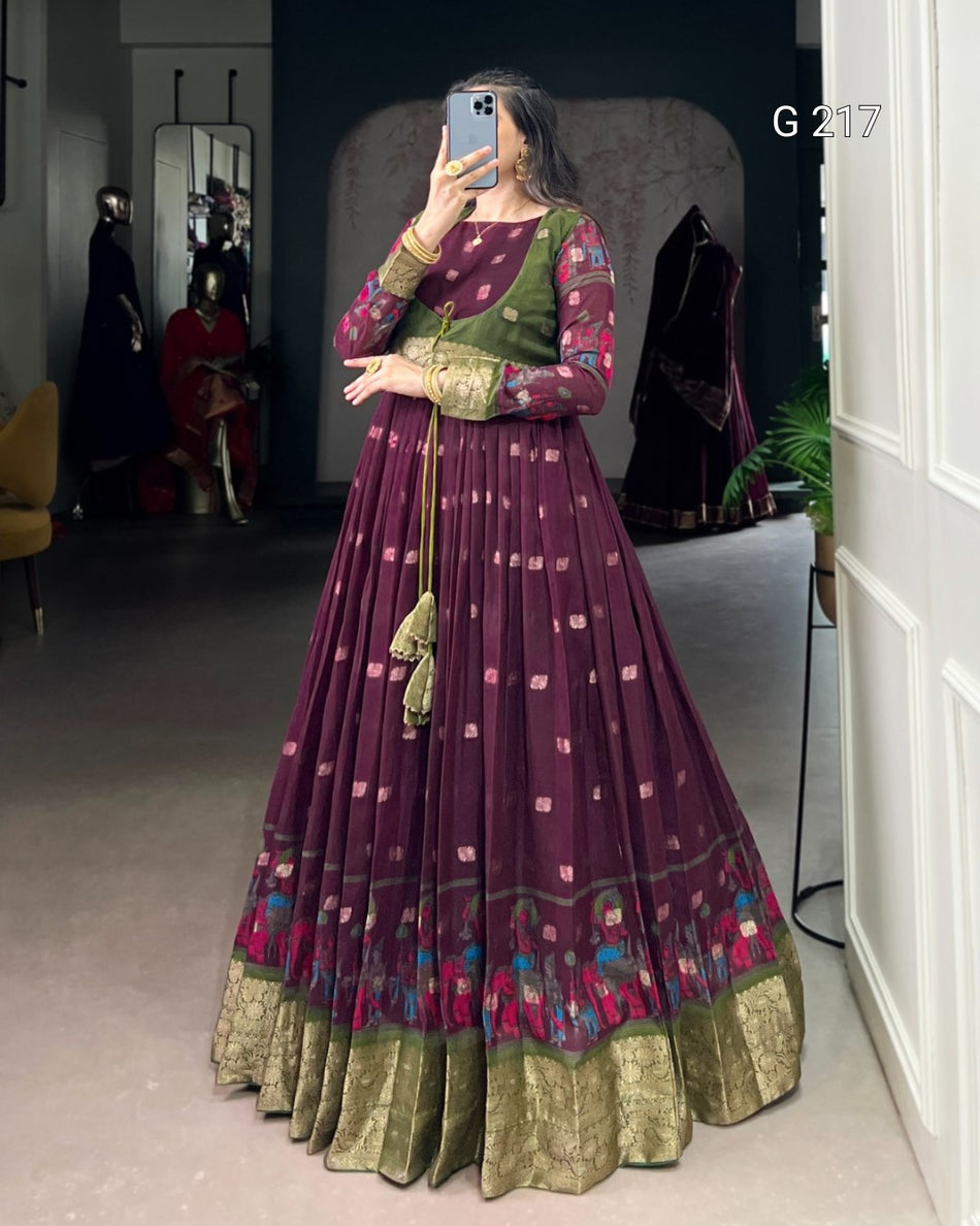Kalamkari Print Poly Cotton Gown with Zari Weaving Work Border – G 217 Wine