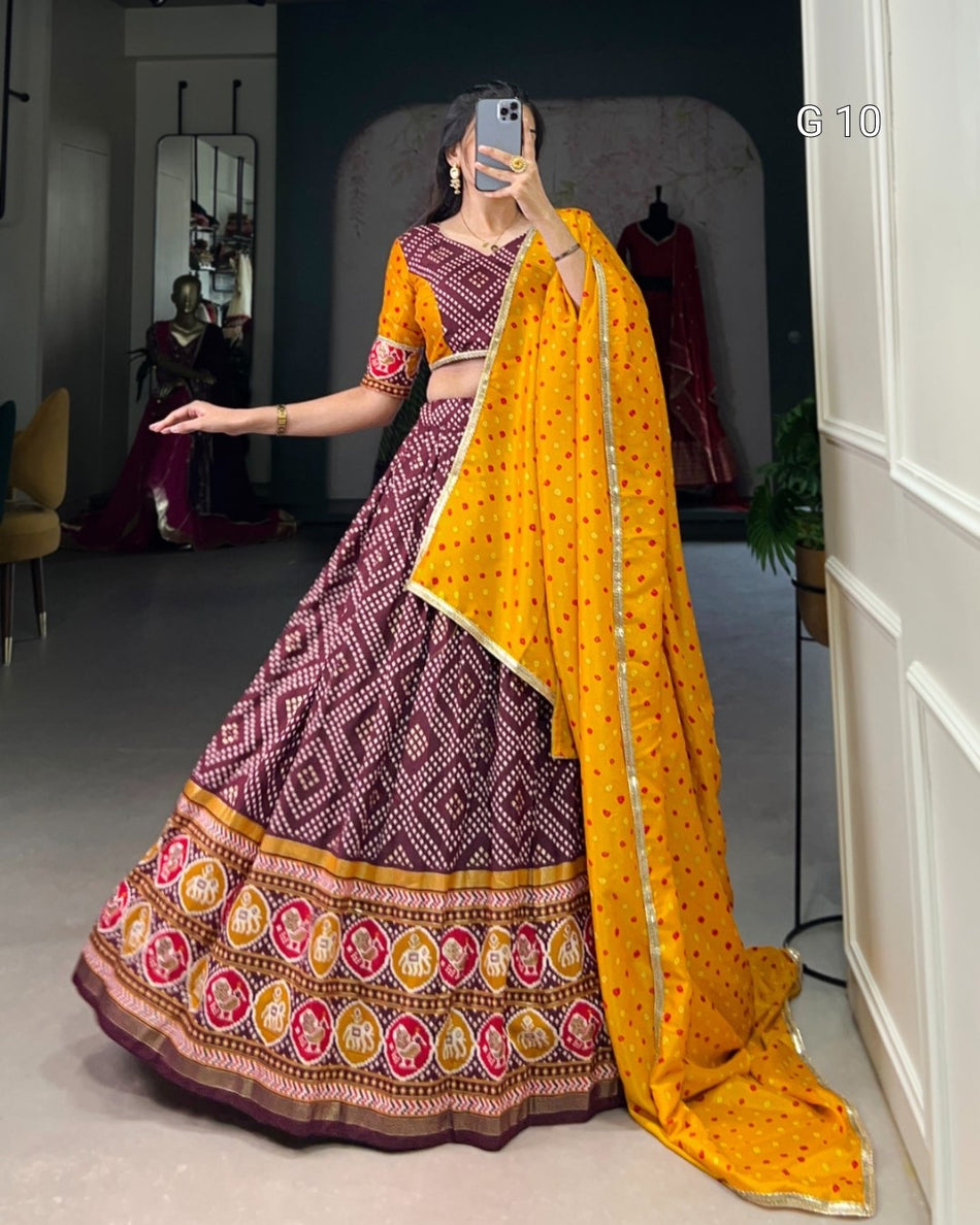 Wine Tasar Silk Lehenga with Bandhej and Patola Print – Foil Work, Stitched Blouse, and Dola Silk Dupatta - G 10 Wine