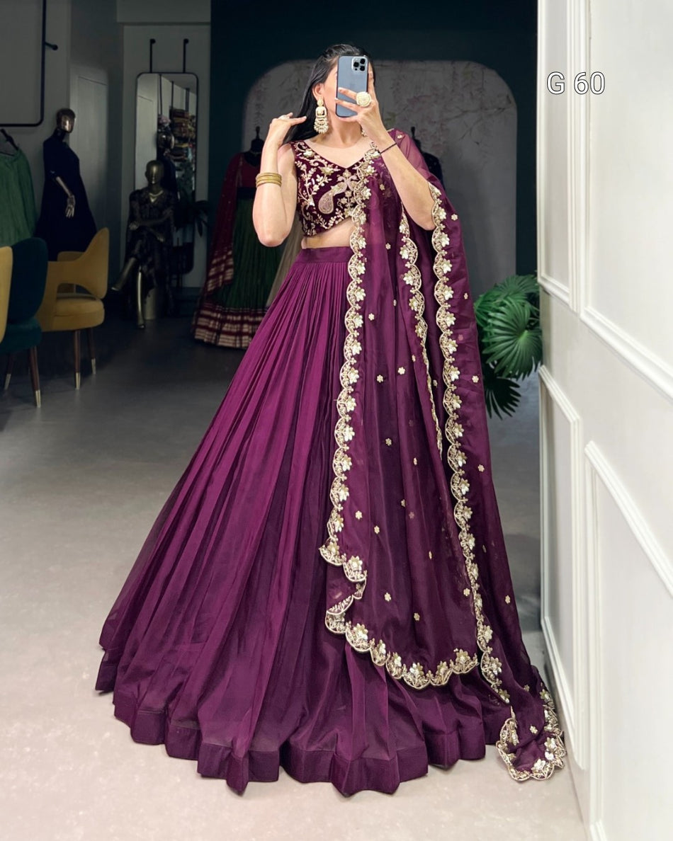 Organza Lehenga with Sequins & Thread Embroidery Work – G 60 Wine