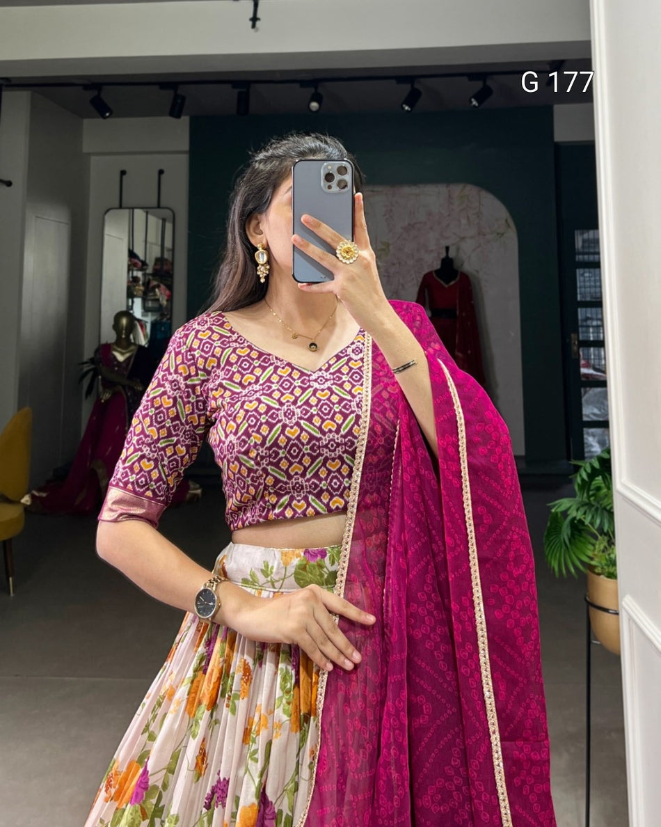 Wine Tasar Silk Lehenga with Floral & Patola Print, Foil Work, and Bandhej Dupatta – G 177 Wine