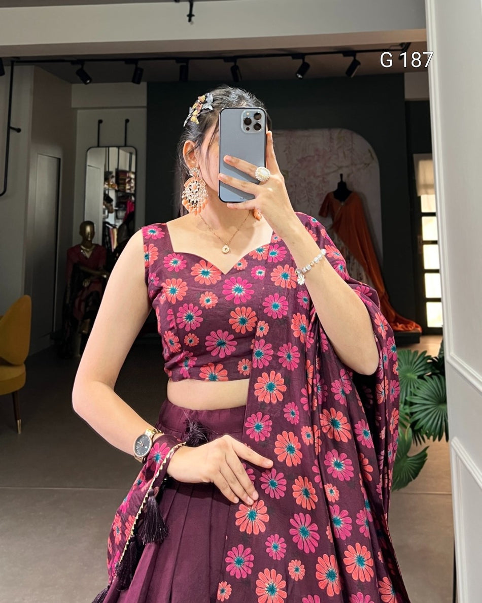 Wine Tasar Silk Lehenga with Floral Print & Foil Work – G 187 Wine