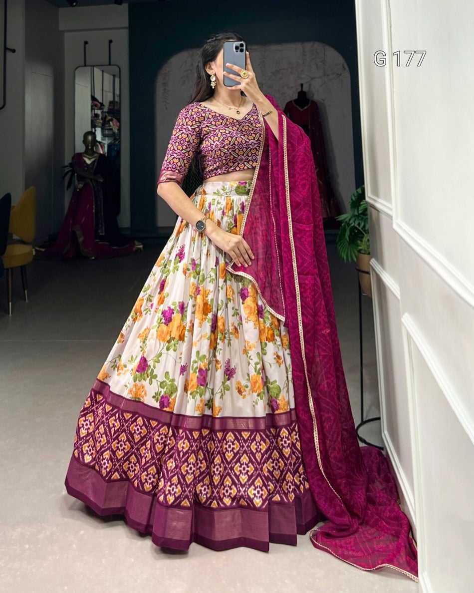 Wine Tasar Silk Lehenga with Floral & Patola Print, Foil Work, and Bandhej Dupatta – G 177 Wine