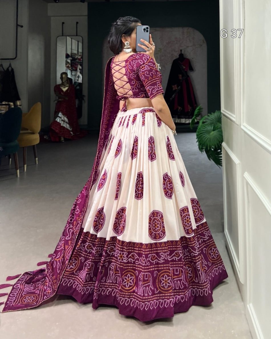 Tussar Silk Bandhej Print Lehenga with Gotta Patti Lace Border & Tassels – G 37 Wine