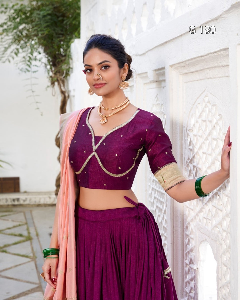 Wine Vichitra Silk Lehenga with Paithni Lace Border & Zari Weaving Dupatta – G 180 Wine