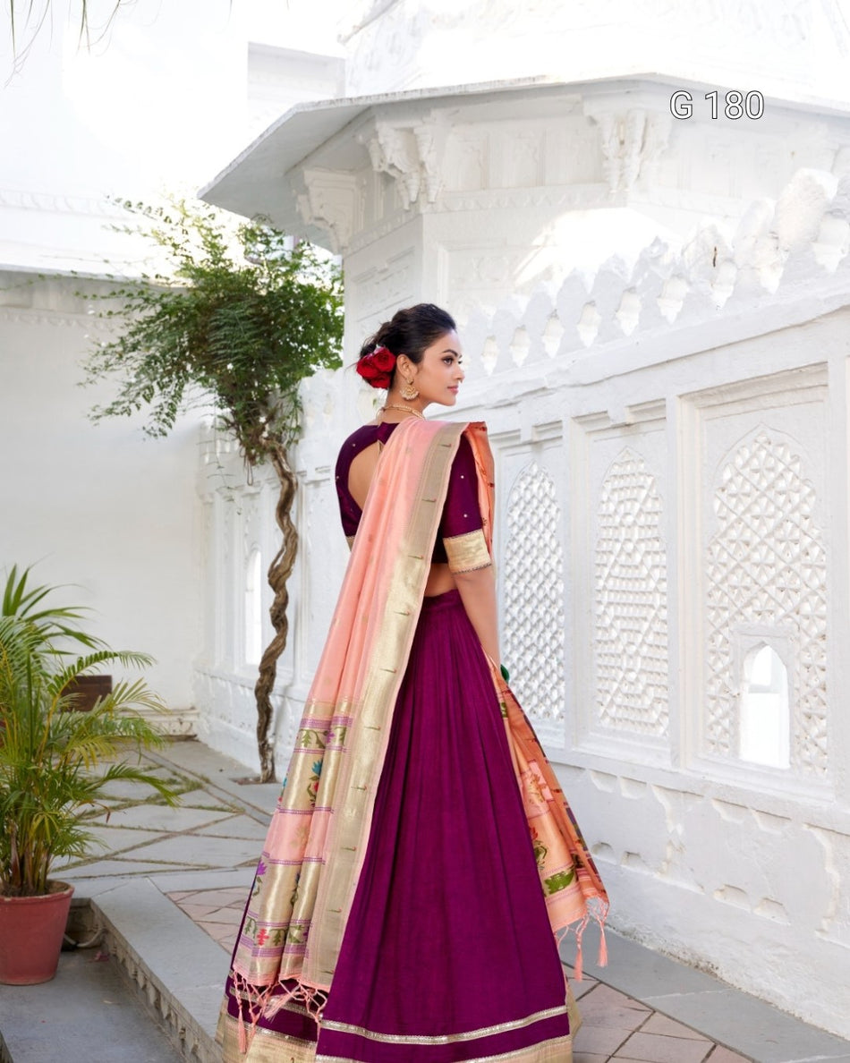 Wine Vichitra Silk Lehenga with Paithni Lace Border & Zari Weaving Dupatta – G 180 Wine