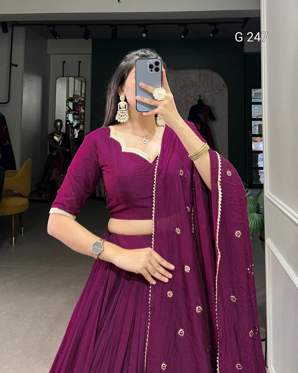 Zari Weaving Pure Chanderi Lehenga with Lace Border – G 247 Wine