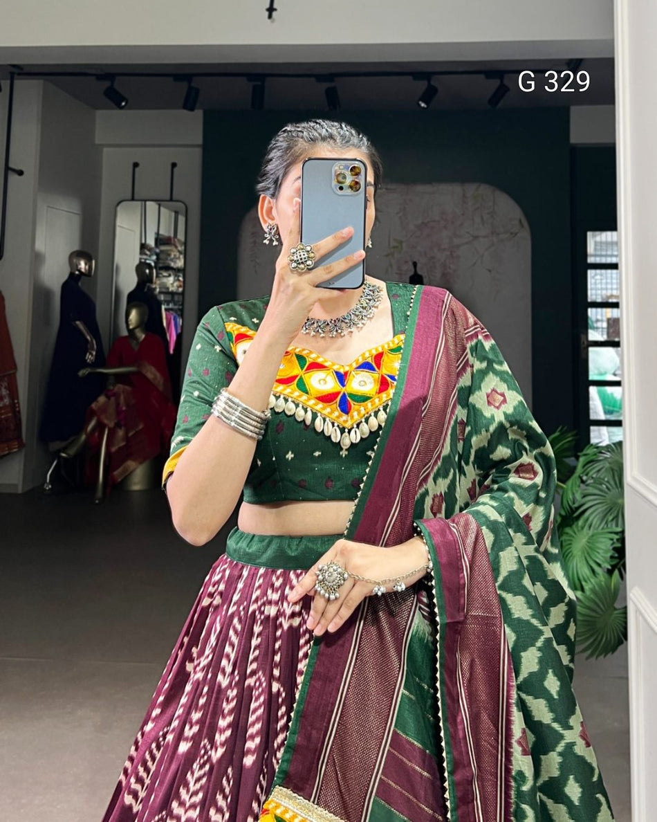 Tasar Silk Lehenga with Foil & Real Mirror Gamthi Work – G 329 Wine