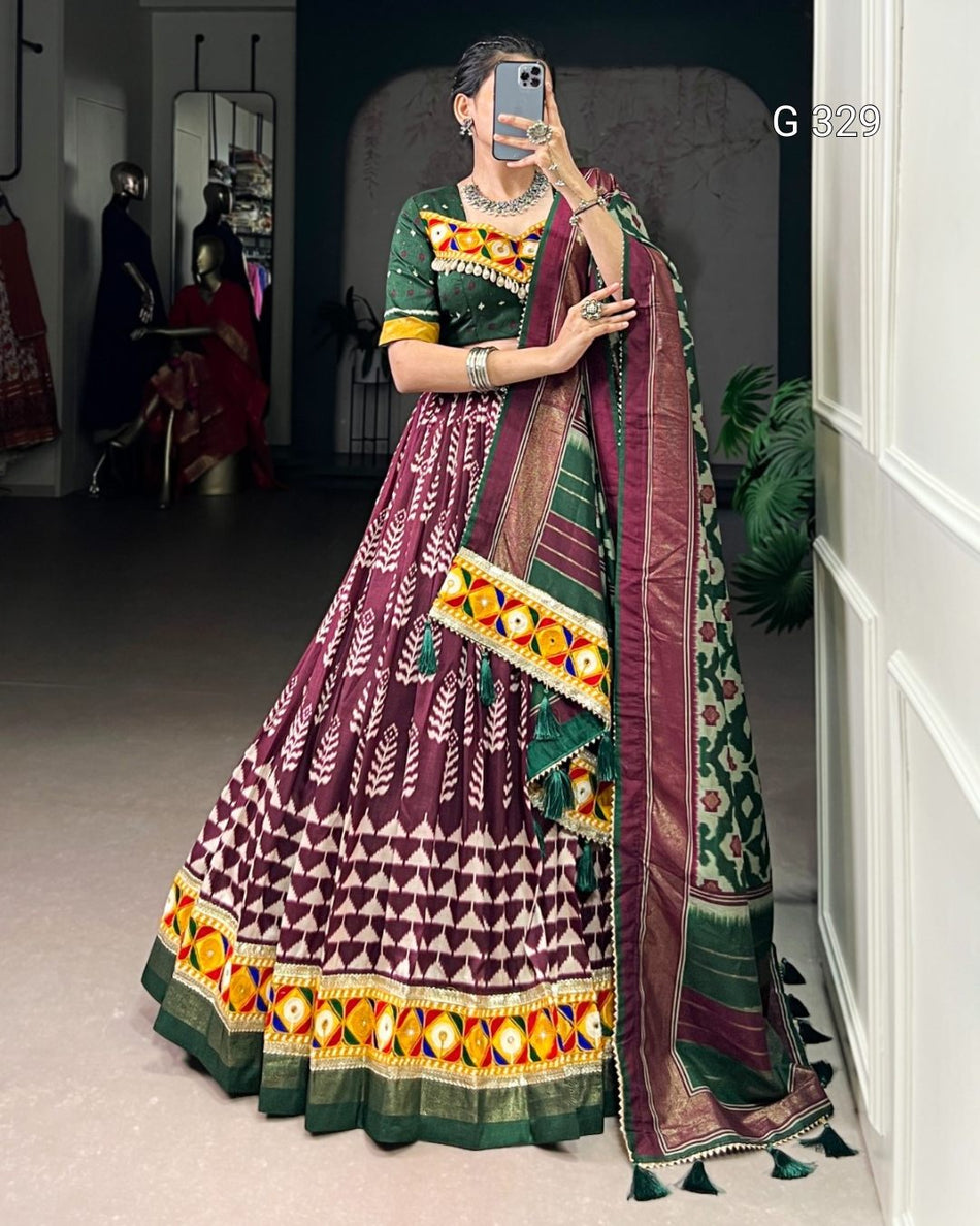Tasar Silk Lehenga with Foil & Real Mirror Gamthi Work – G 329 Wine