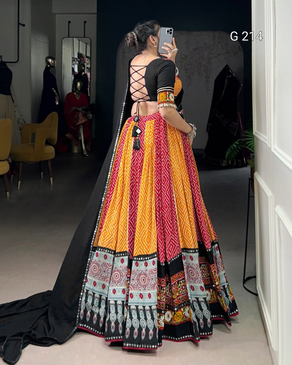Bandhej and Ajarakh Pure Rayon Lehenga with Paper Mirror & Gamthi Work – G 214 Yellow
