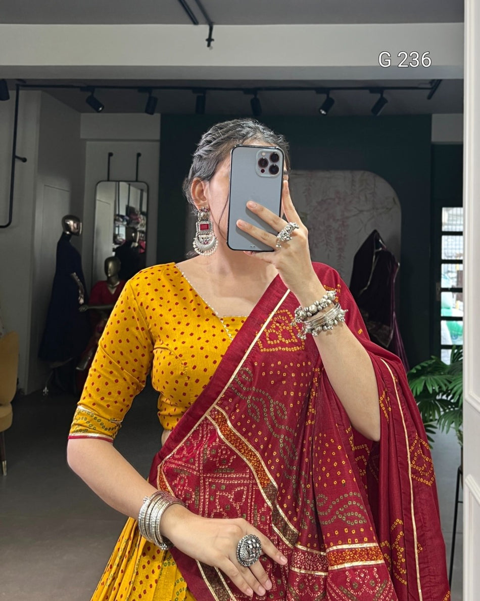 Bandhej Print Tasar Silk Lehenga with Gotta Patti Lace – G 236 Yellow