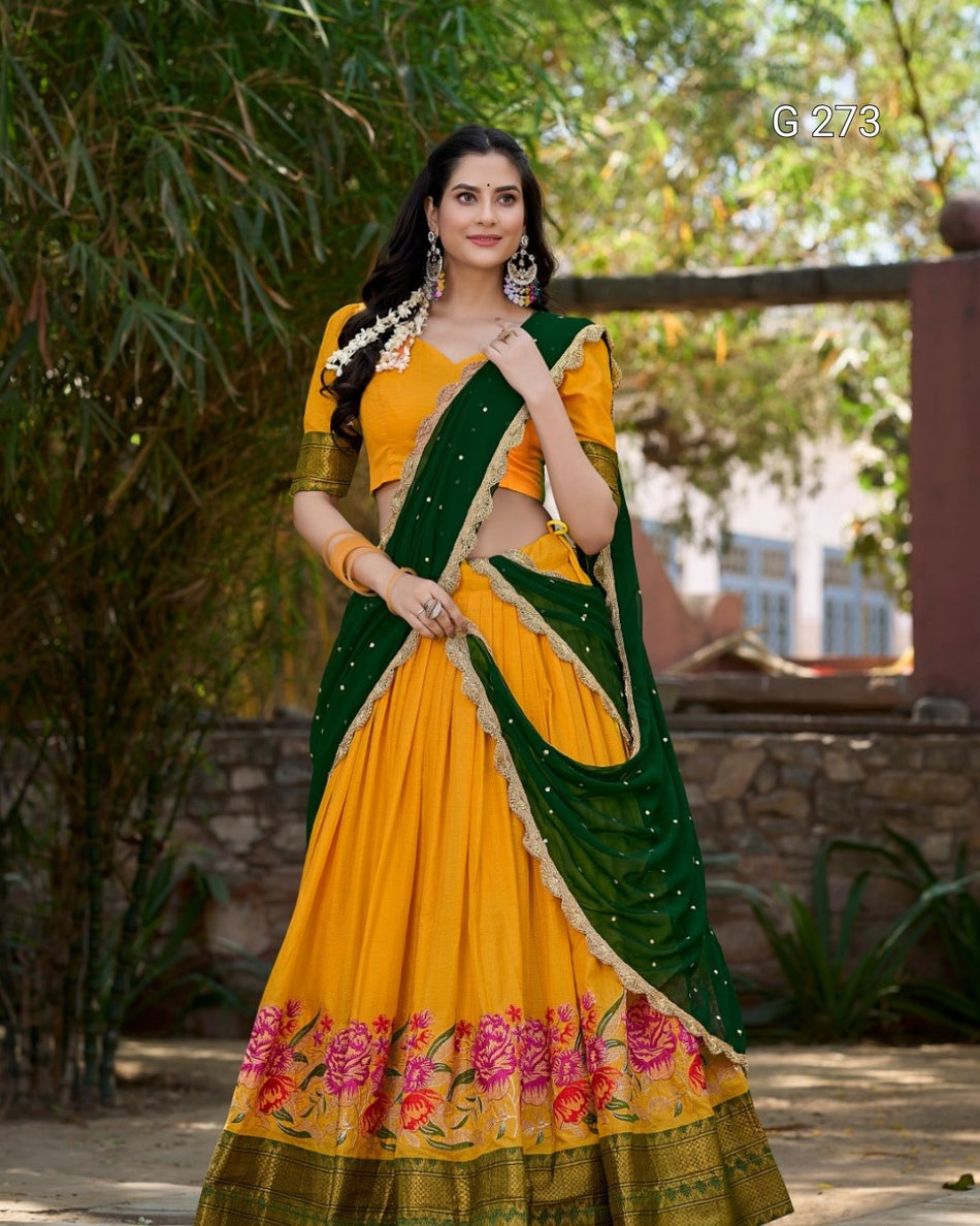 Thread Embroidery Cotton Silk Lehenga with Zari Weaving – G 273 Yellow