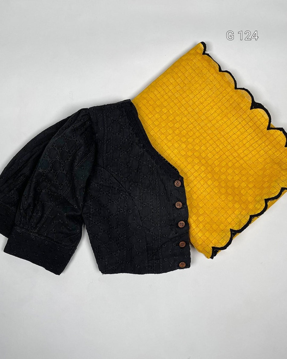 Gadhwal Chex Saree with Arca Work and Lucknowi Blouse – G 124 Yellow