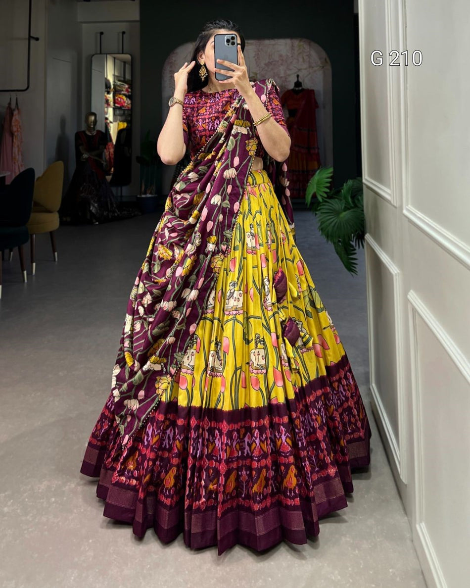 Pichwai Patola Print Tussar Silk Lehenga with Zari Weaving Border – G 210 Yellow