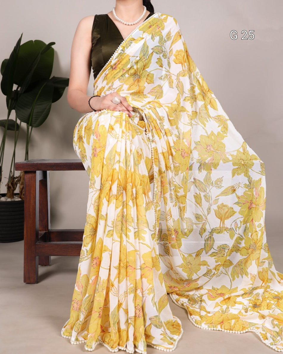 Weightless Marbal Saree with Floral Print & Pearl Lace Border – G 25