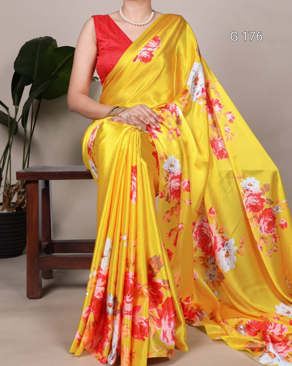 Sky Blue Satin Silk Saree with Floral Print – G 176