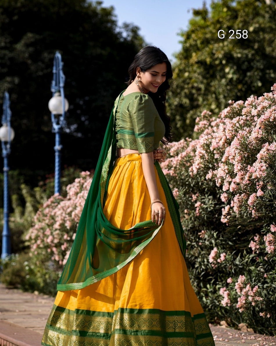 Zari Weaving Kanchipuram Lehenga with Lace Border – G 258 Yellow
