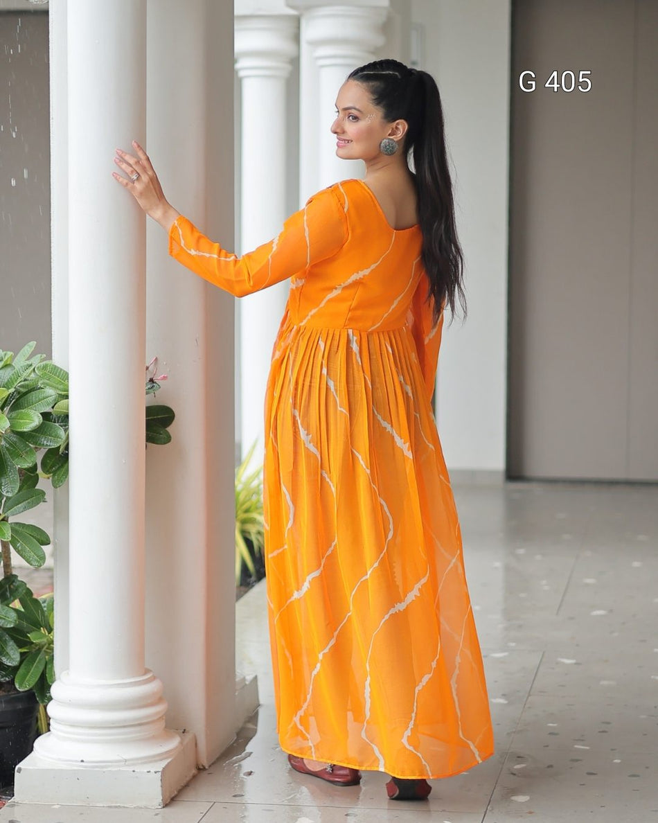 Faux Georgette Kurti with Leheriya Print & Kutchi Patchwork – G 405 Yellow