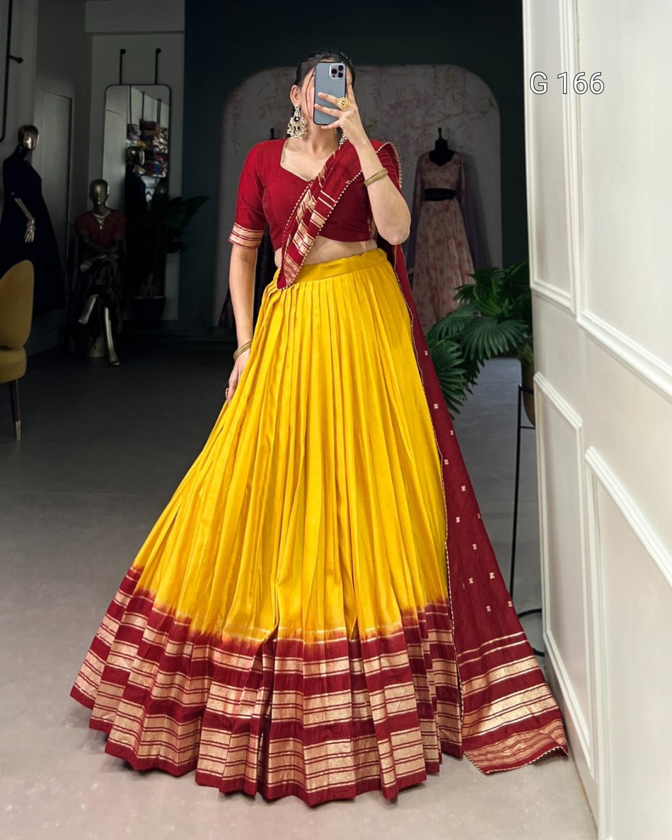 Yellow Pure Chanderi Lehenga with Zari Weaving & Lace Touch-Up Dupatta - G 166 Yellow