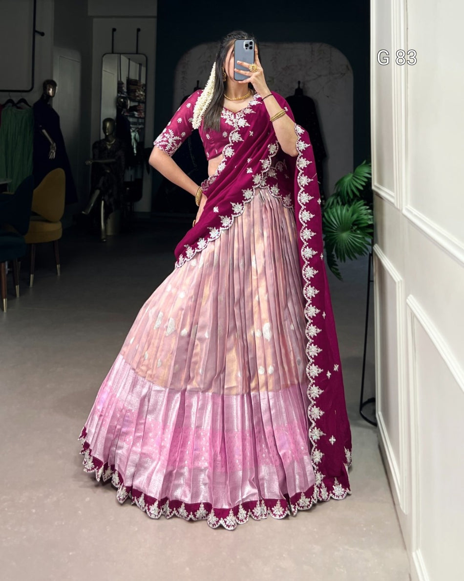Zari Kota Lehenga with Sequins & Thread Embroidery Scallop Lace Border – G 83 Pink