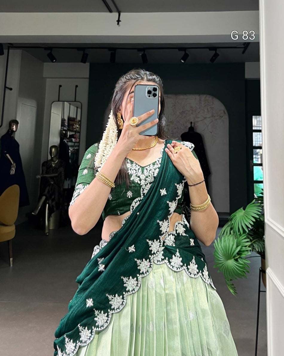 Zari Kota Lehenga with Sequins & Thread Embroidery Scallop Lace Border – G 83 Pista