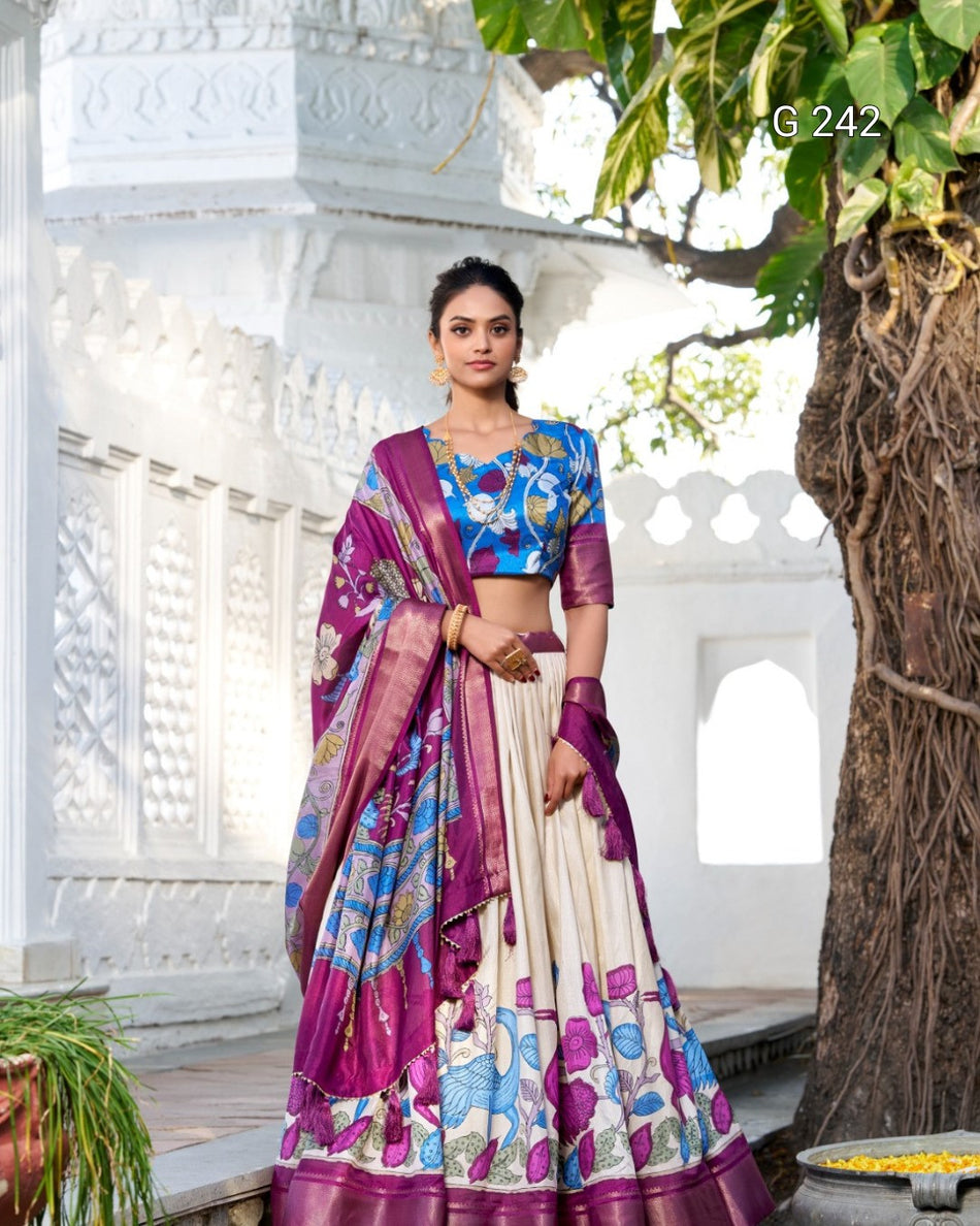 Kalamkari Printed Dola Silk Lehenga with Zari Weaving Border – G 242
