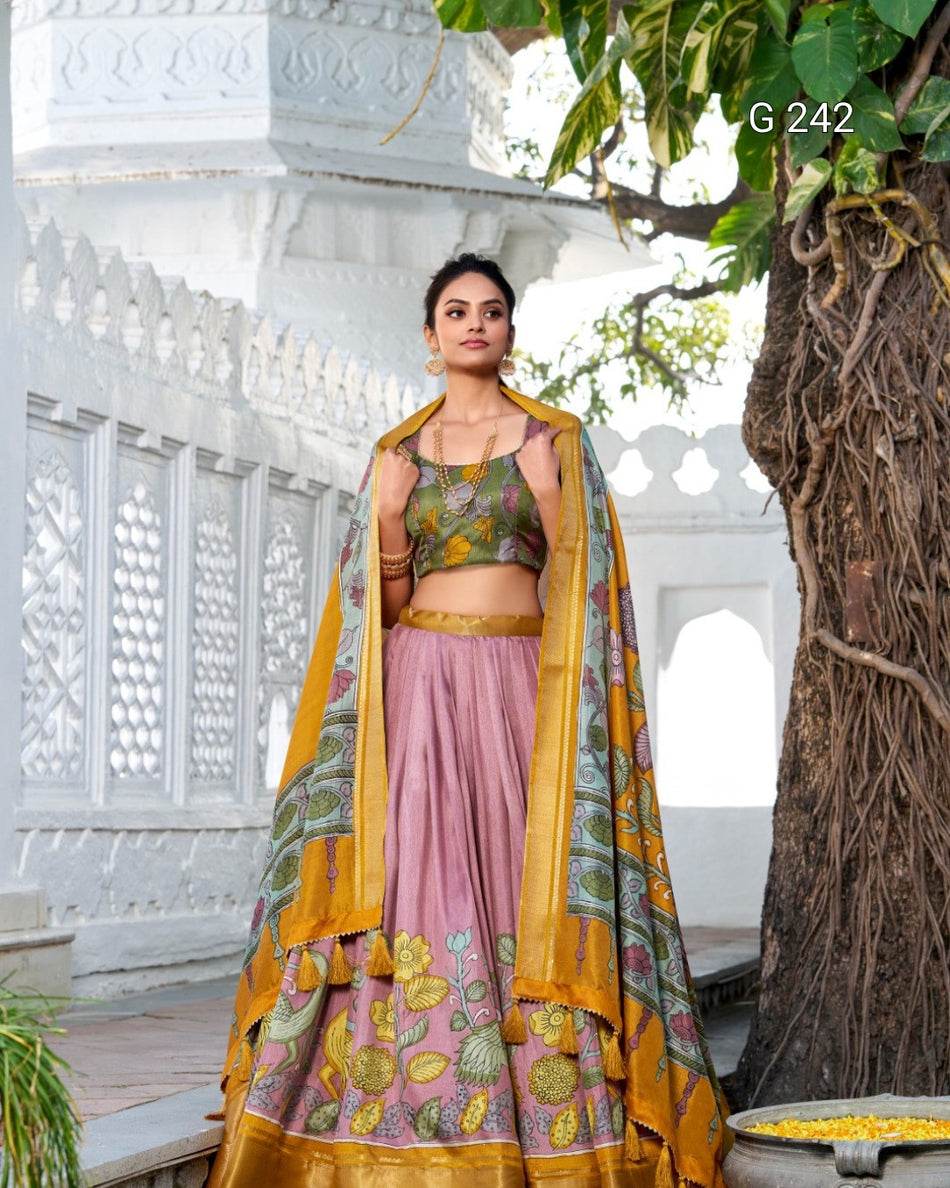 Kalamkari Printed Dola Silk Lehenga with Zari Weaving Border – G 242