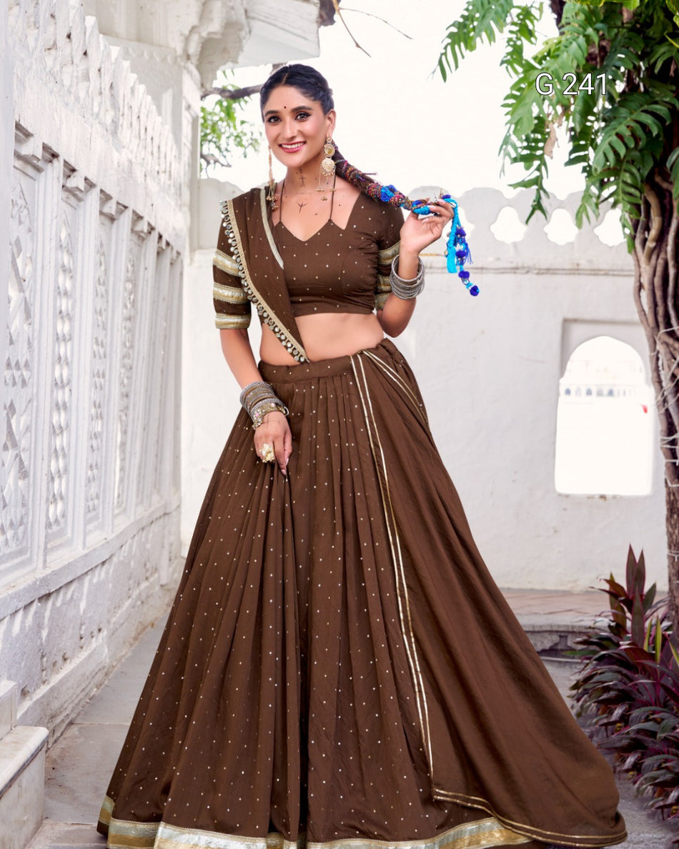 Zari Weaving Pure Chanderi Lehenga with Embossed Design Lace – G 241 Brown