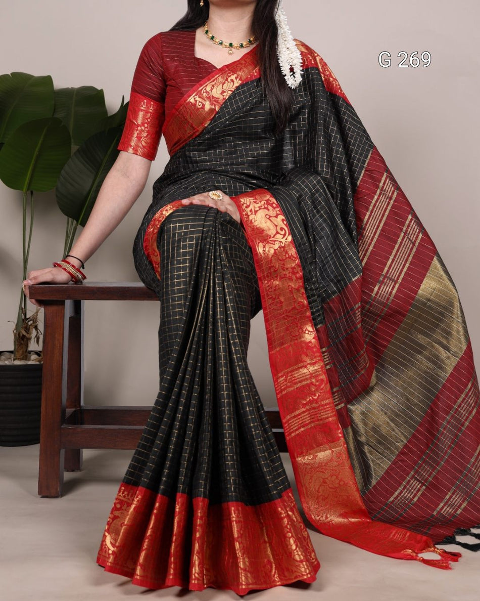 Chex Pattern Poly Cotton Saree with Zari Weaving – G 269 Black
