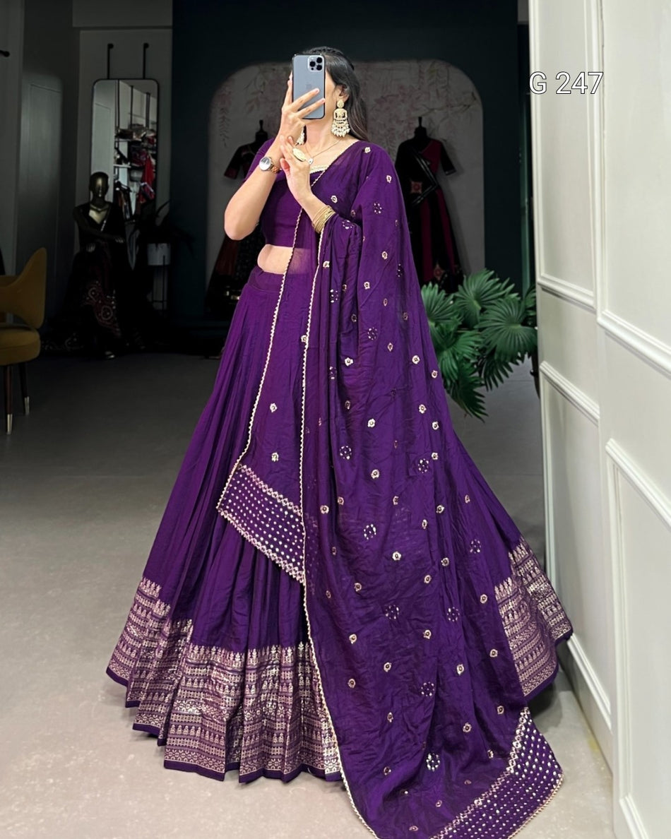 Zari Weaving Pure Chanderi Lehenga with Lace Border – G 247 Dark Purple