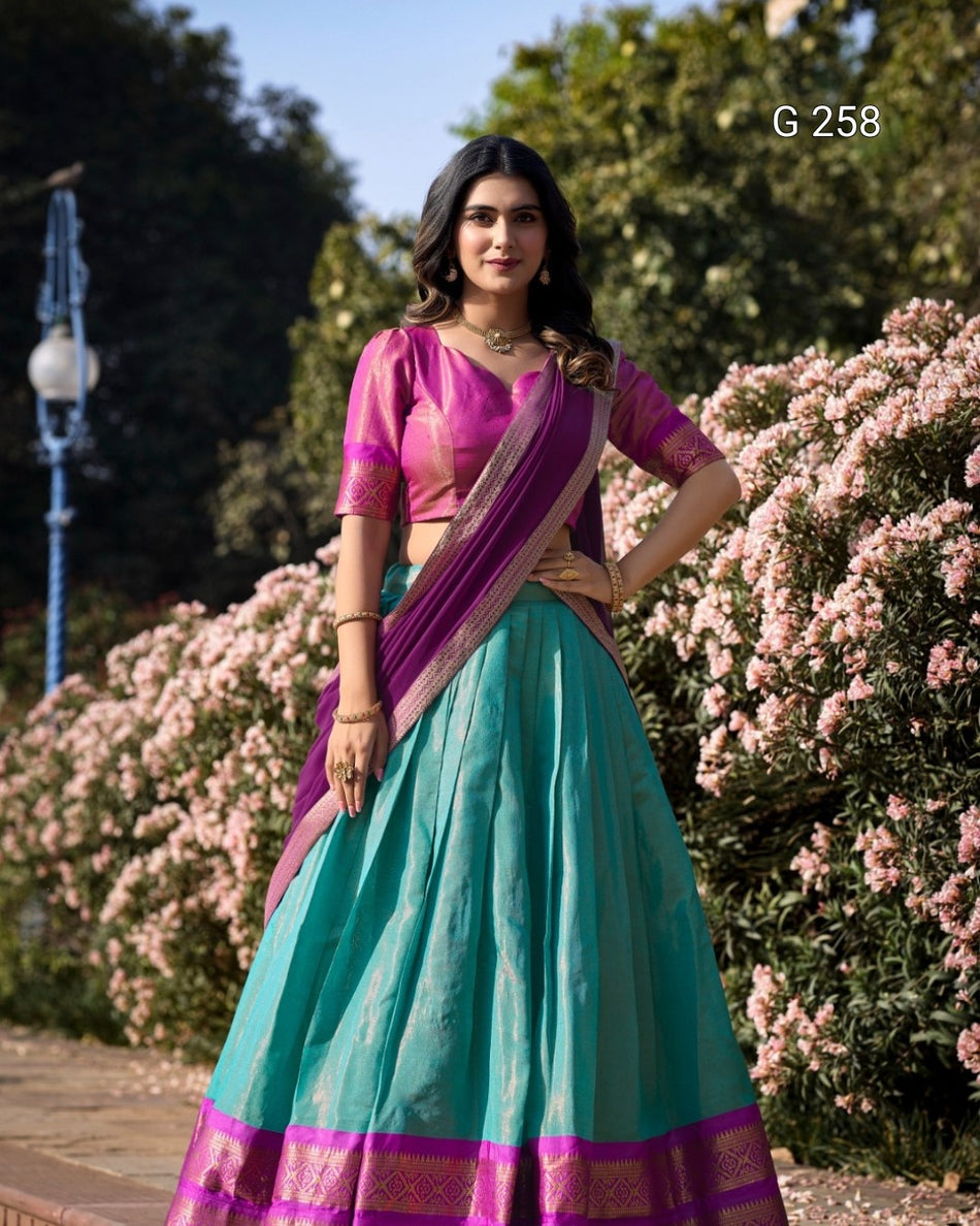 Zari Weaving Kanchipuram Lehenga with Lace Border – G 258 Sky Blue