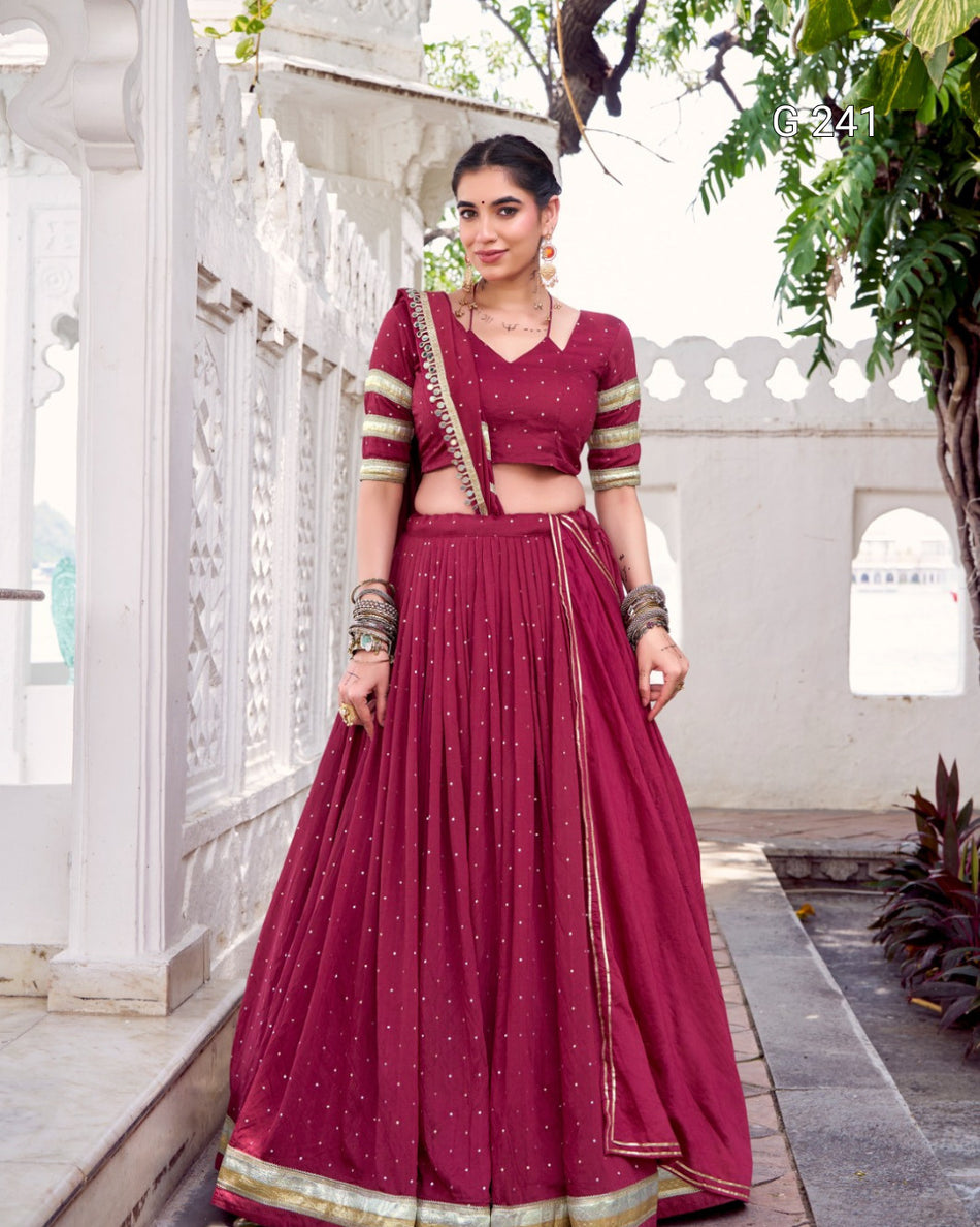 Zari Weaving Pure Chanderi Lehenga with Embossed Design Lace – G 241 Maroon