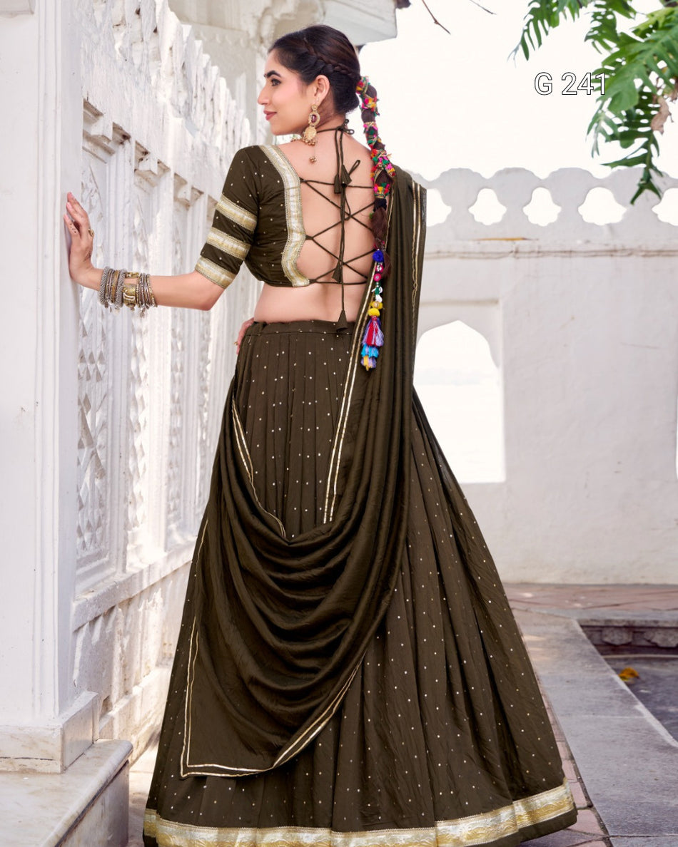 Zari Weaving Pure Chanderi Lehenga with Embossed Design Lace – G 241 Mehendi