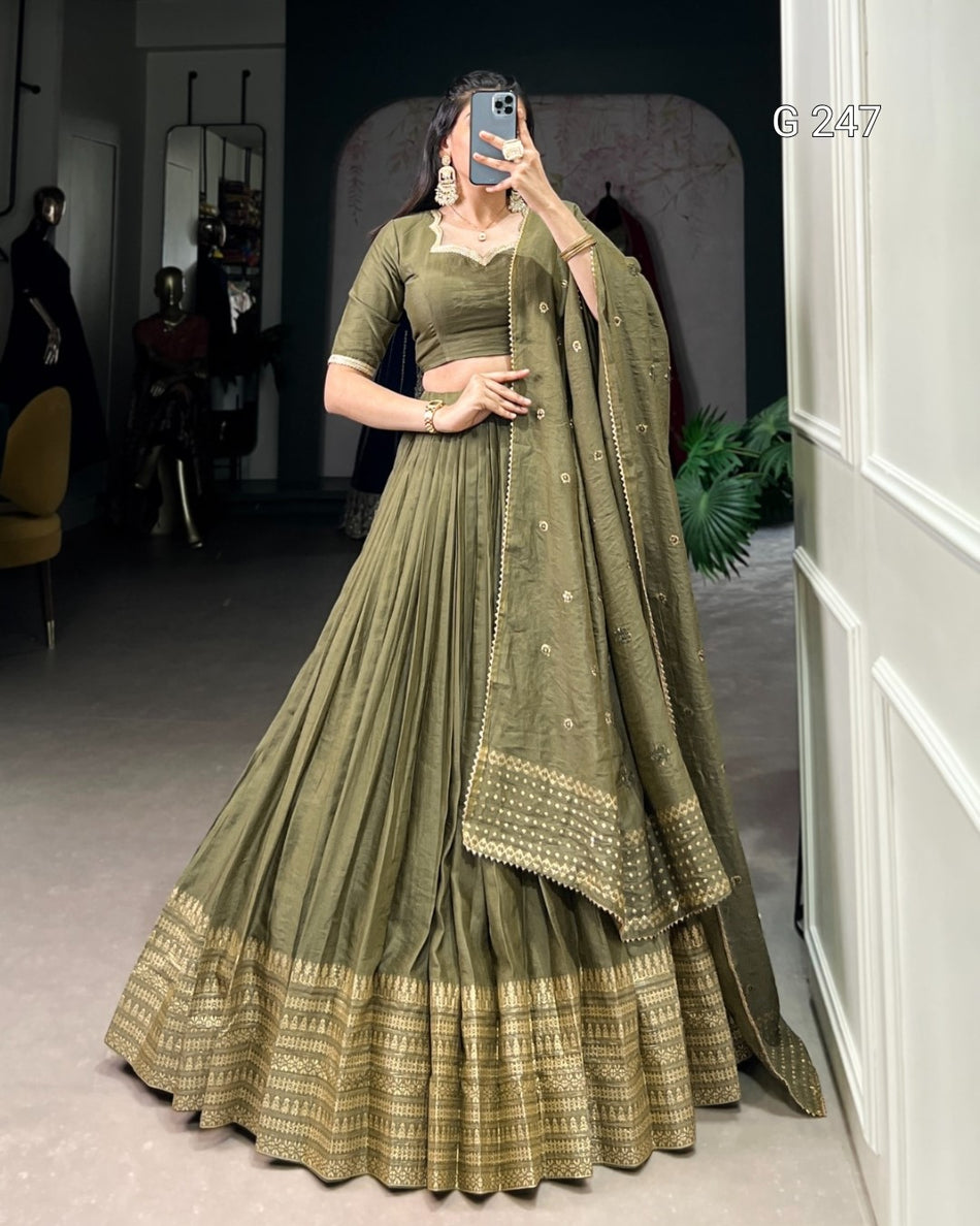 Zari Weaving Pure Chanderi Lehenga with Lace Border – G 247 Mehendi