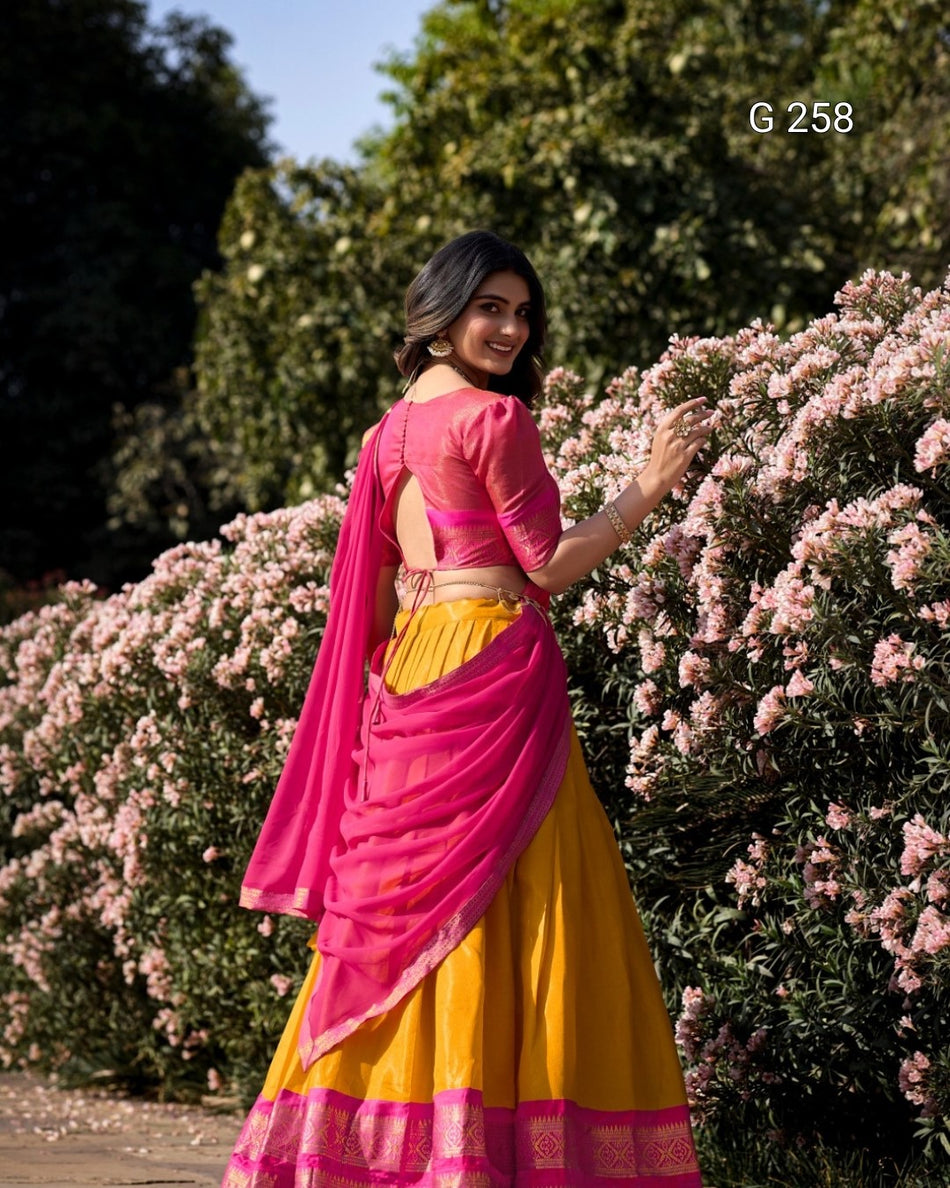 Zari Weaving Kanchipuram Lehenga with Lace Border – G 258 Mustard