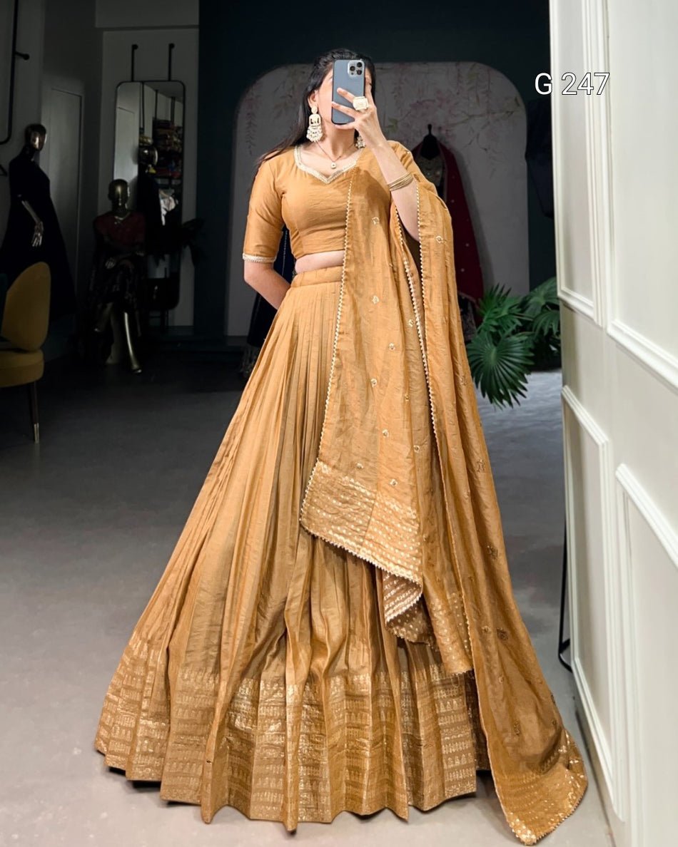 Zari Weaving Pure Chanderi Lehenga with Lace Border – G 247 Mustard