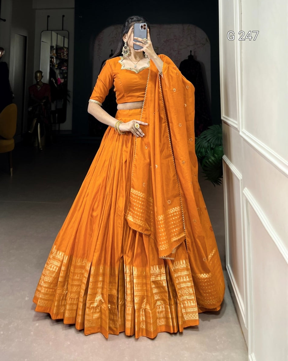 Zari Weaving Pure Chanderi Lehenga with Lace Border – G 247 Orange