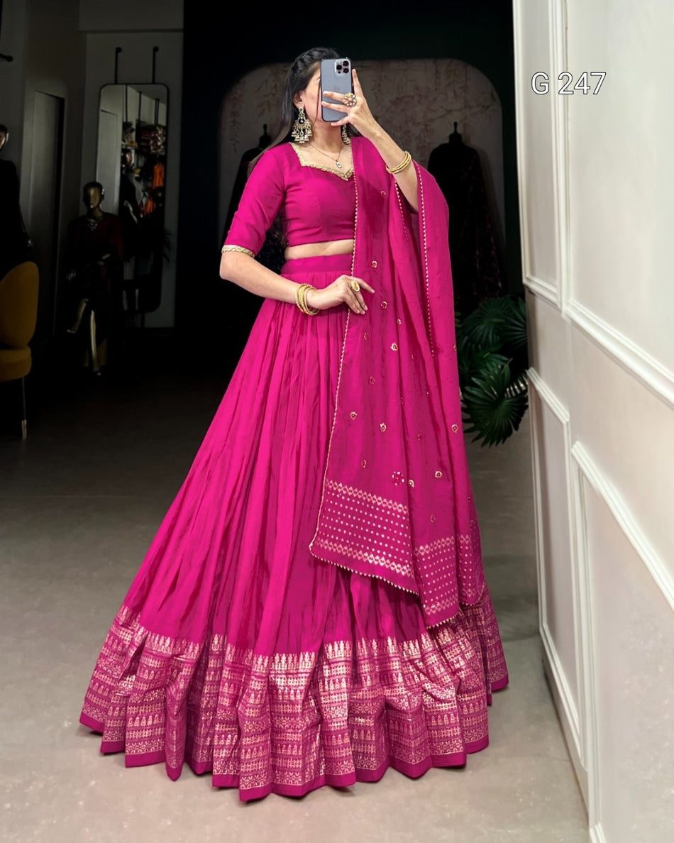 Zari Weaving Pure Chanderi Lehenga with Lace Border – G 247 Pink