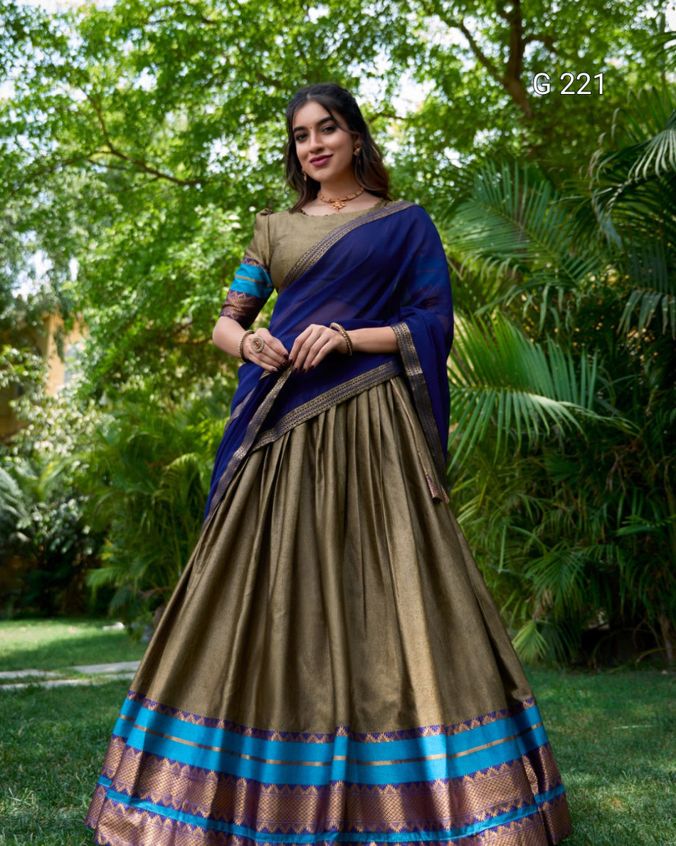 Zari Weaving Poly Cotton Lehenga with Georgette Dupatta – G 221 Chiku