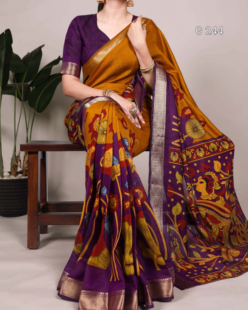 Traditional Floral Printed Polyester Viscose Chanderi Saree with Zari Weaving – G 244