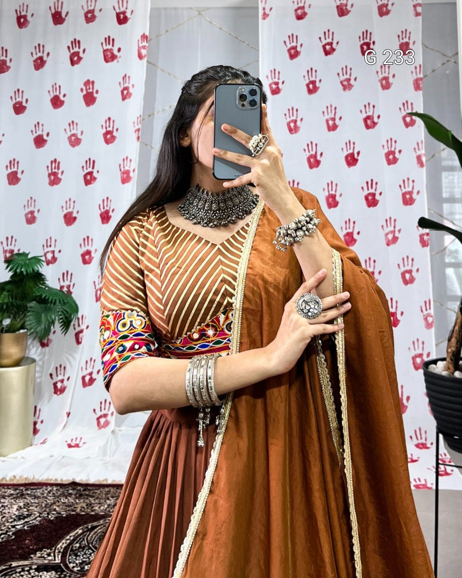 Zari Weaving Pure Chanderi Lehenga with Mirror Gamthi Work Blouse – G 233 Brown