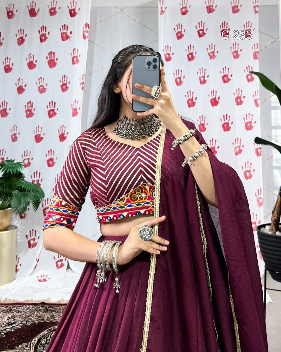 Zari Weaving Pure Chanderi Lehenga with Mirror Gamthi Work Blouse – G 233 Wine