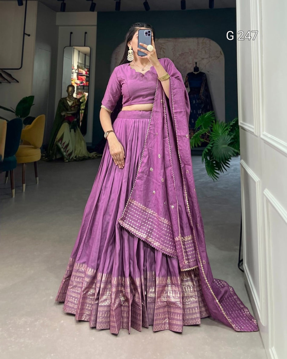 Zari Weaving Pure Chanderi Lehenga with Lace Border – G 247 Purple