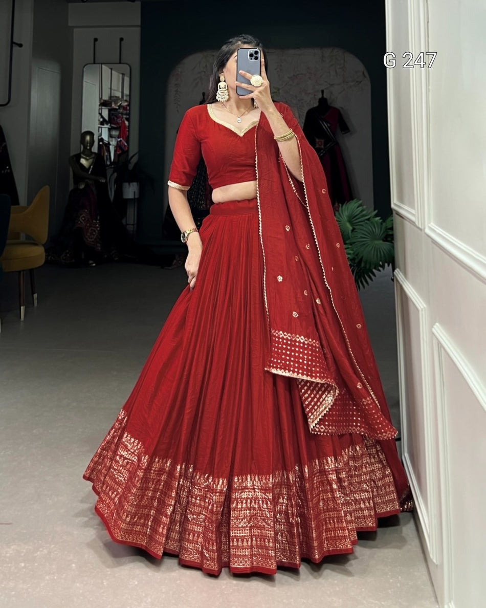 Zari Weaving Pure Chanderi Lehenga with Lace Border – G 247 Red