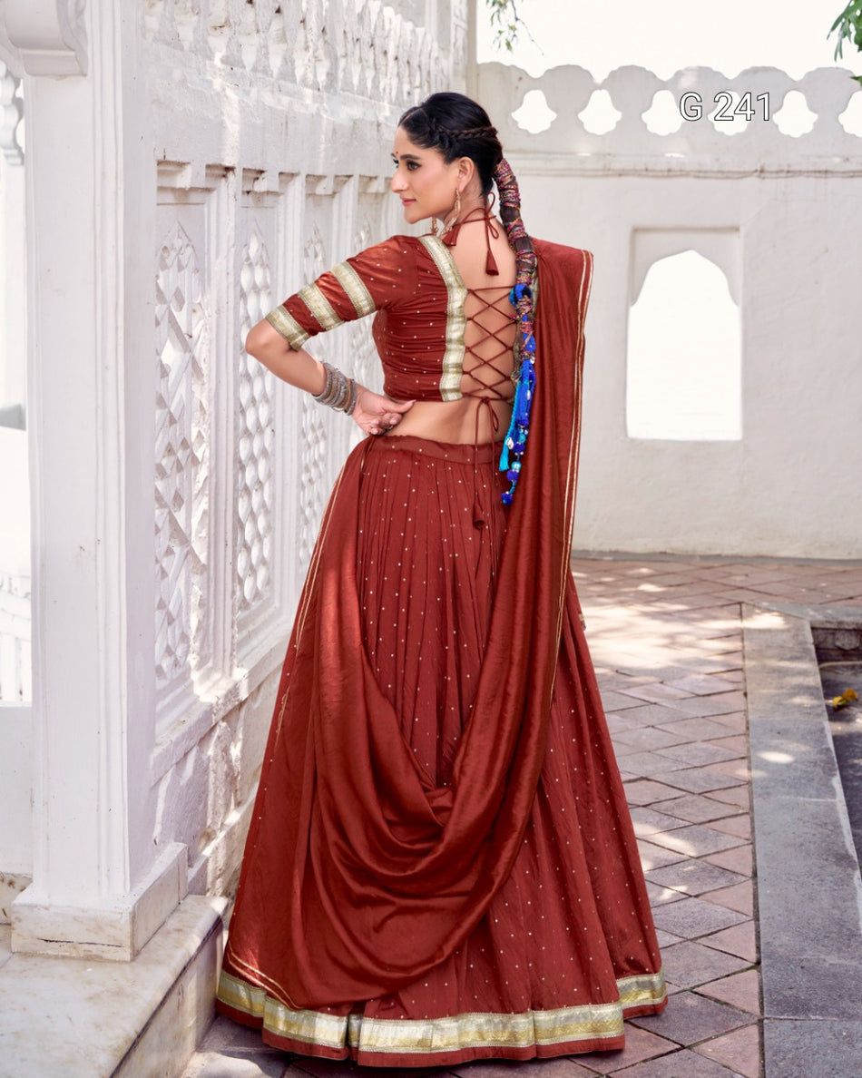 Zari Weaving Pure Chanderi Lehenga with Embossed Design Lace – G 241 Rust Orange