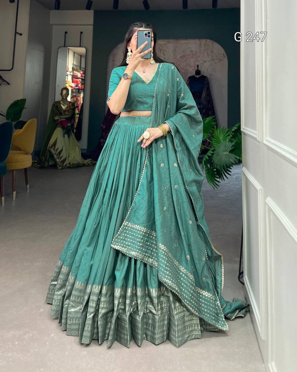 Zari Weaving Pure Chanderi Lehenga with Lace Border – G 247 Sea Green