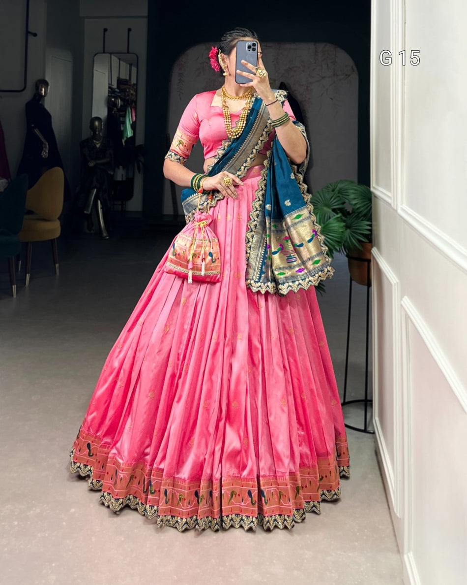 Pink Jacquard Silk Lehenga with Zari Weaving & Sequins Work – G 15